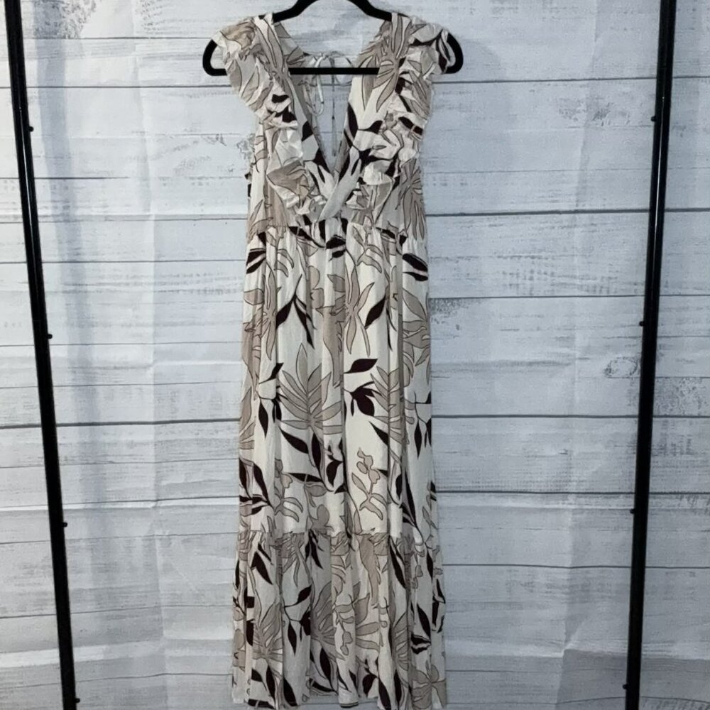 NWOT Brown Ruffled V Neck Leaves Print Midi Dress - Picture 8 of 8